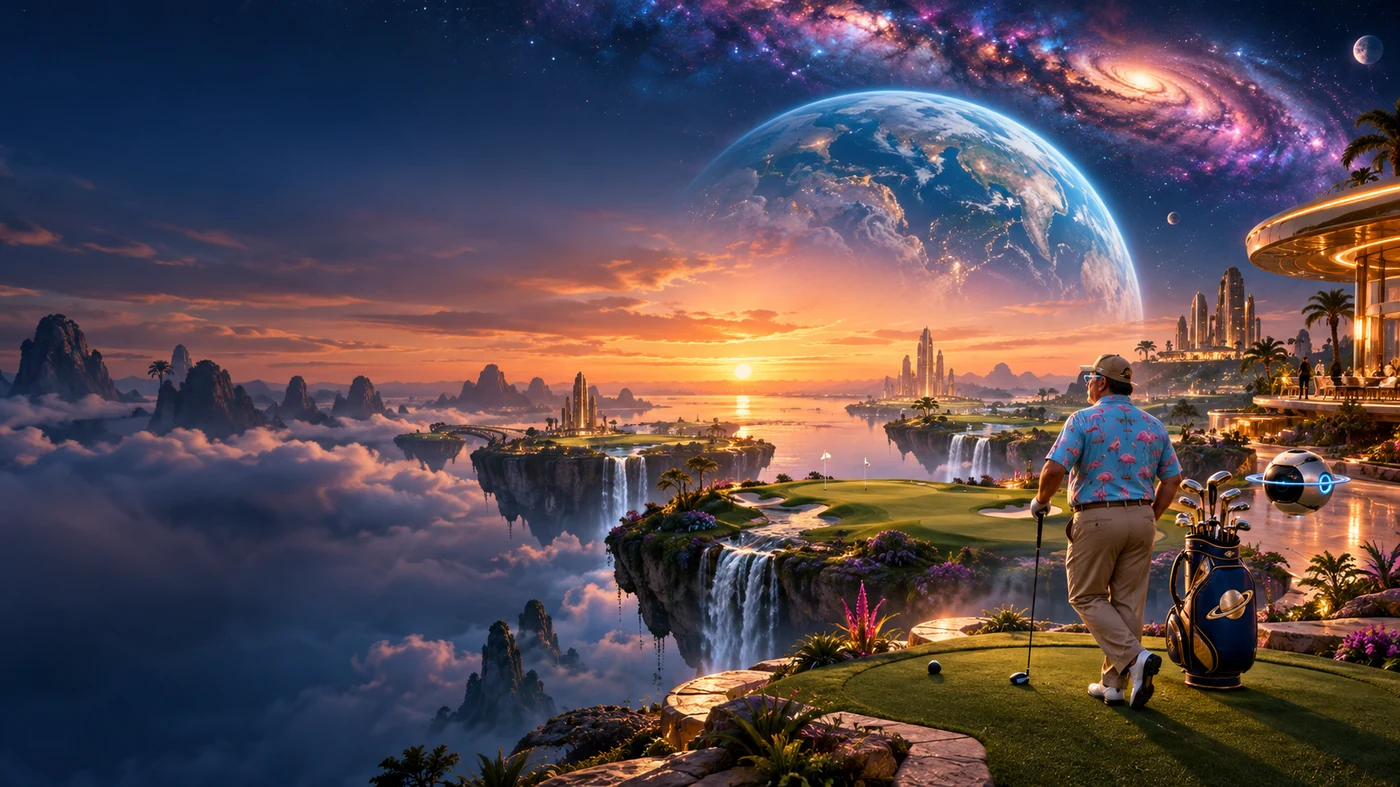 A floating island golf resort in space at dusk