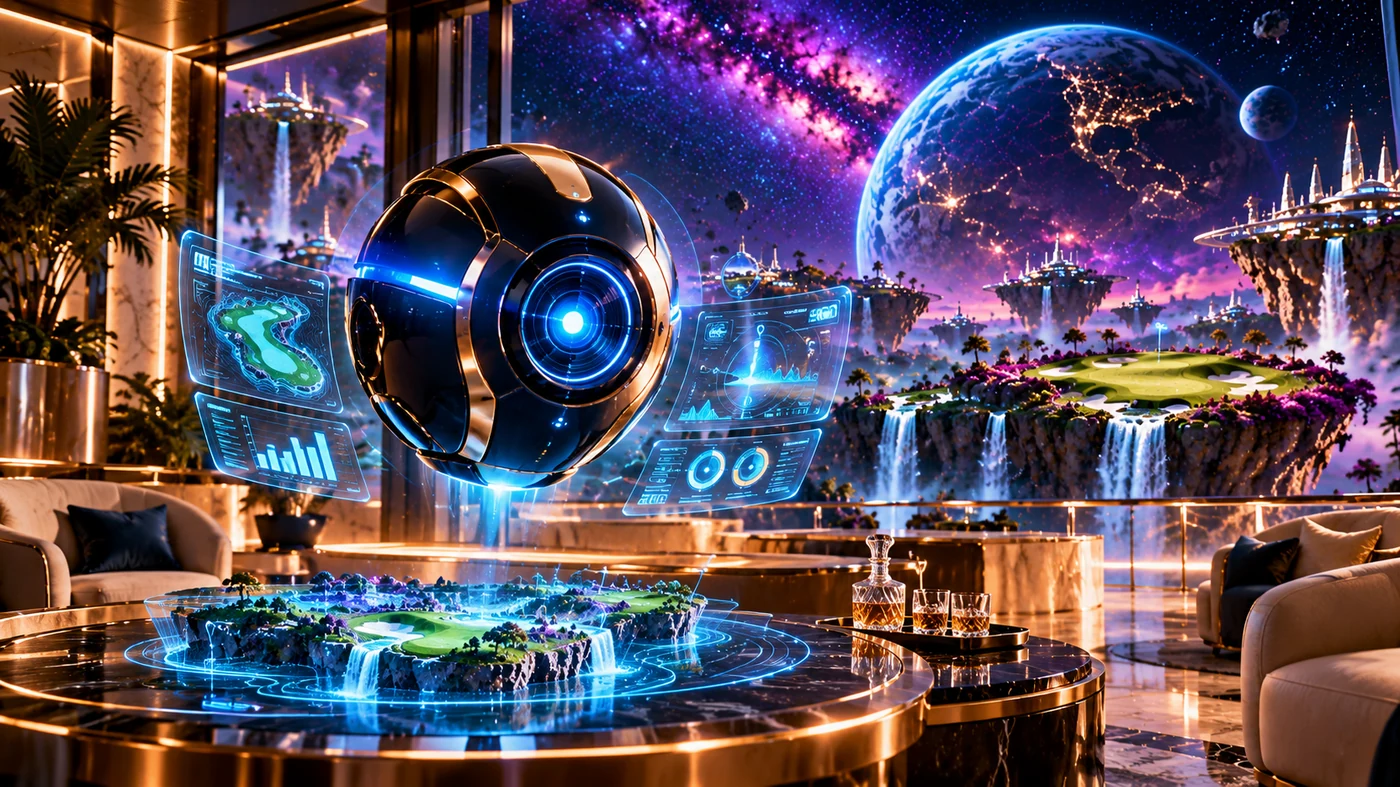 A hovering spherical caddie orb over a luxury space resort