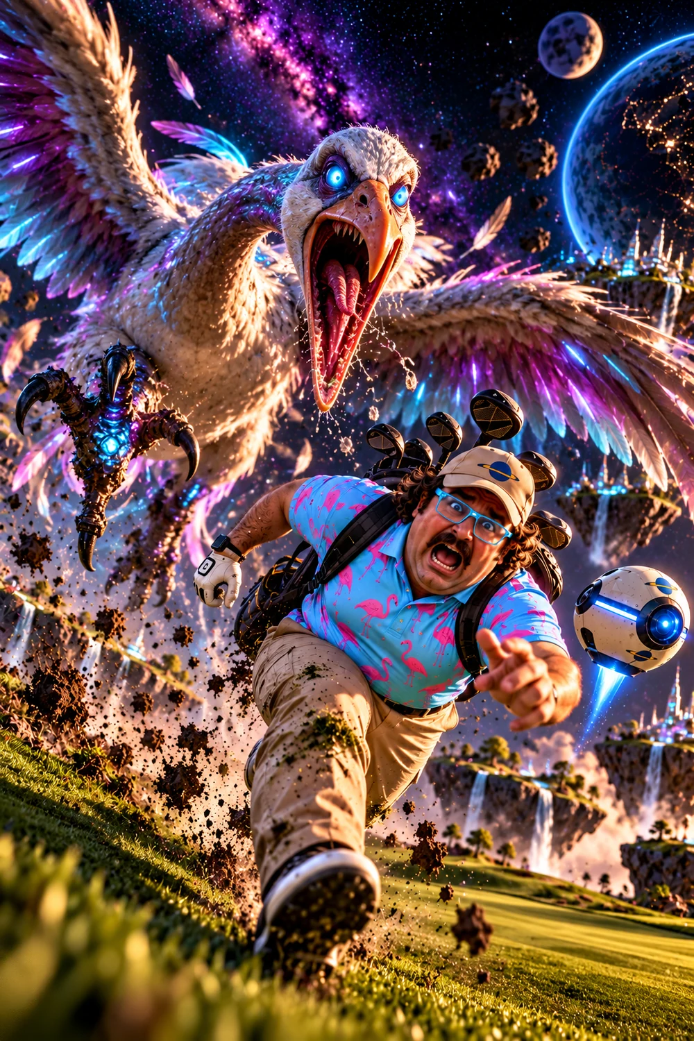 A giant hostile goose creature chasing a golfer across an alien course