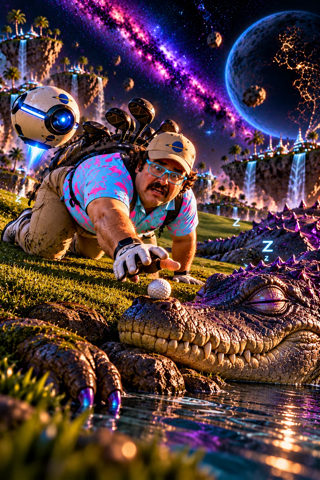 Phill Collins reaching for a golf ball beside a sleeping reptilian creature