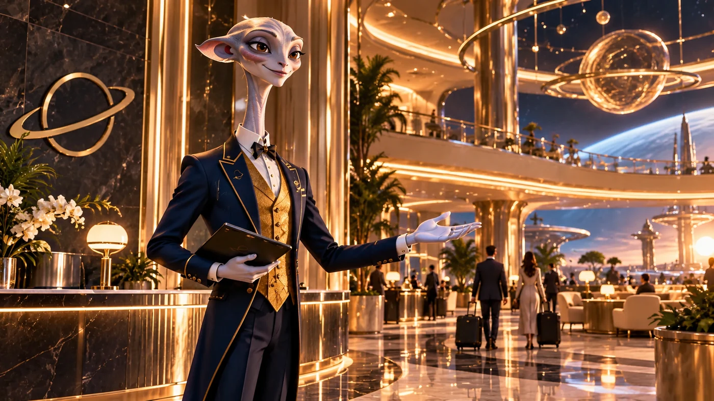 Plibax in a luxurious futuristic resort lobby