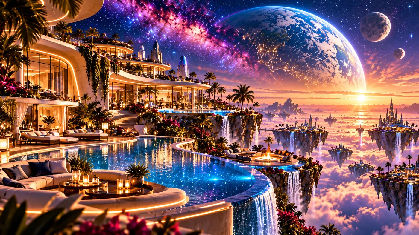 A luxury cosmic golf resort floating above the clouds at sunset