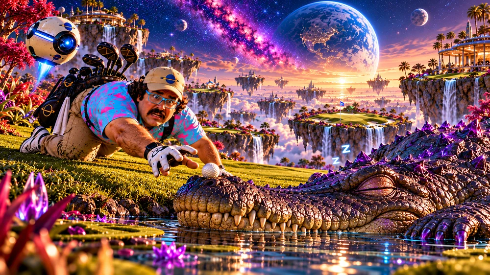 A sleeping crocodile-like creature with a golf ball balanced on its nose